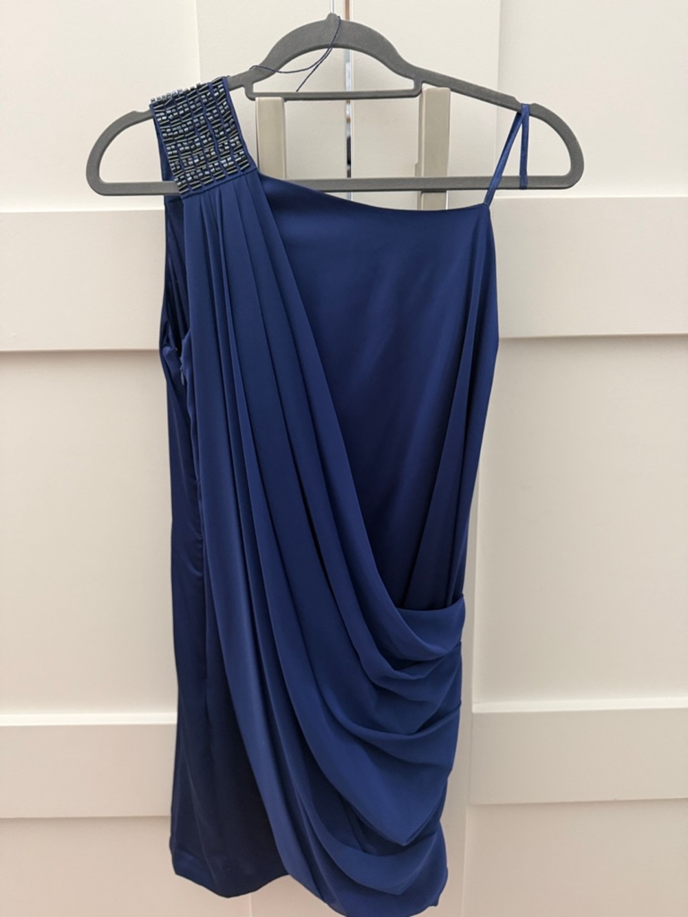 Cache Navy One-Shoulder Draped Cocktail Dress with Beaded Shoulder
